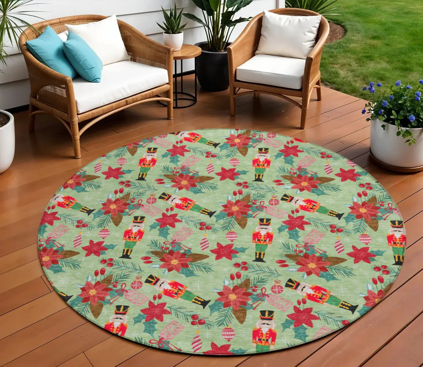 8' Artichoke Green Red Black Pink And Brown Round Floral Washable Indoor Outdoor Area Rug - Homeroots - Flyclothing LLC