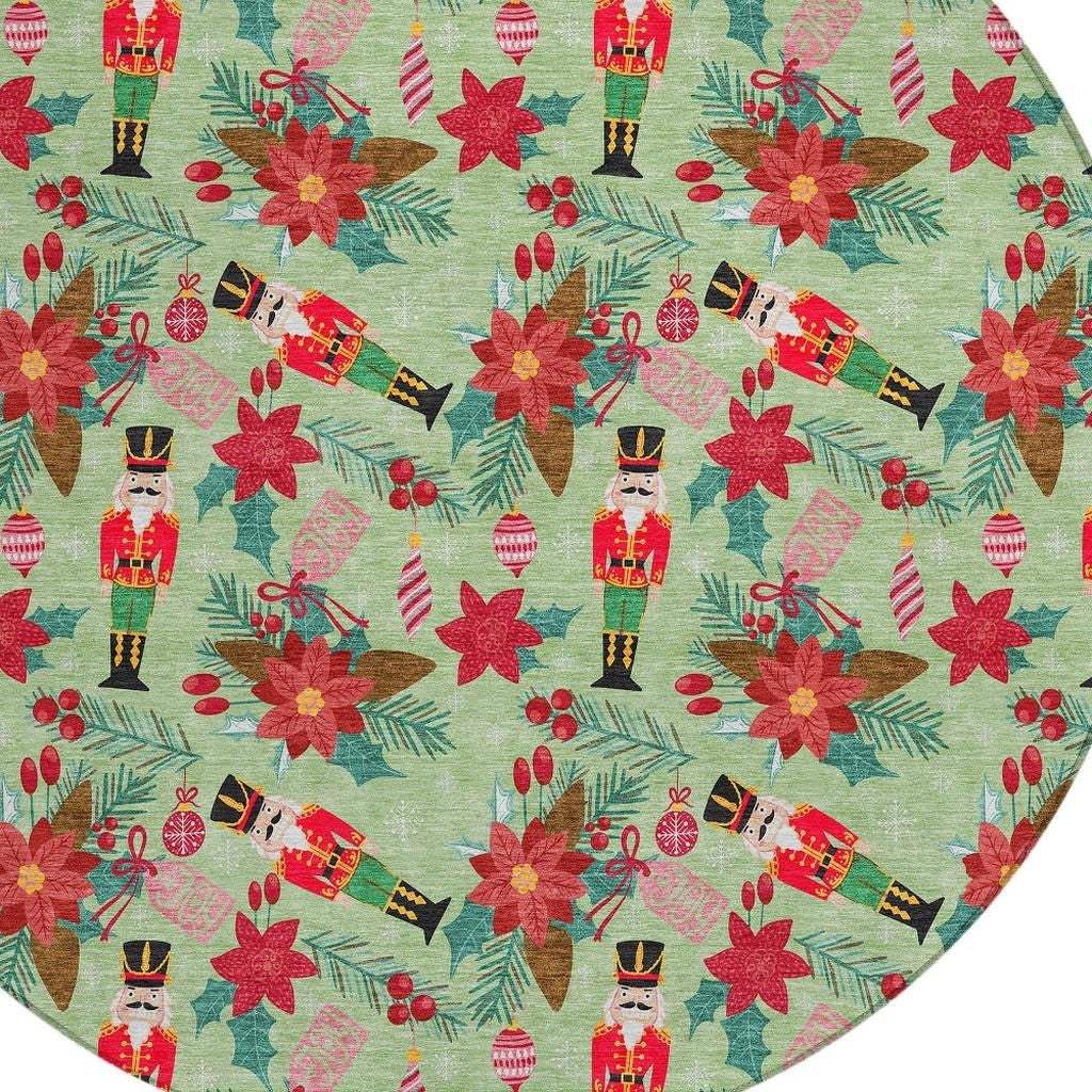 8' Artichoke Green Red Black Pink And Brown Round Floral Washable Indoor Outdoor Area Rug - Homeroots - Flyclothing LLC