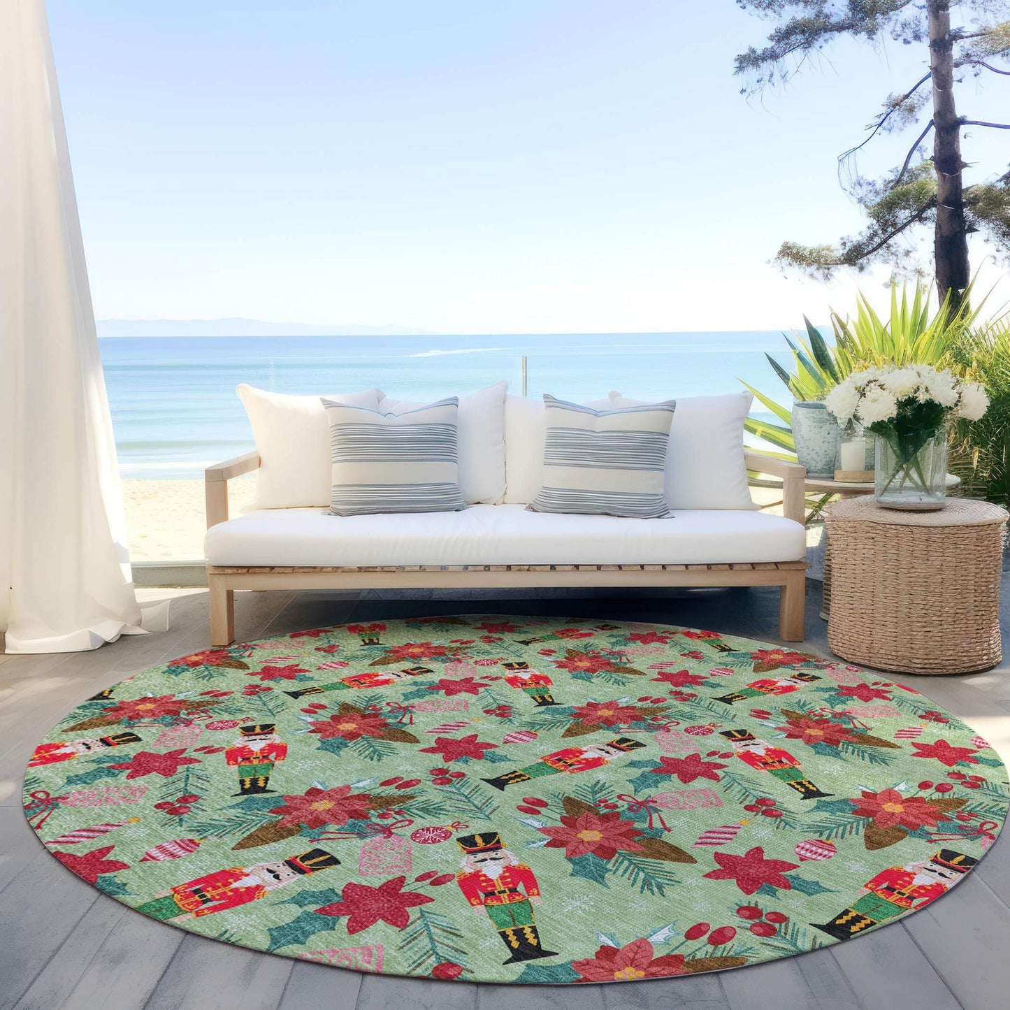 8' Artichoke Green Red Black Pink And Brown Round Floral Washable Indoor Outdoor Area Rug - Homeroots - Flyclothing LLC