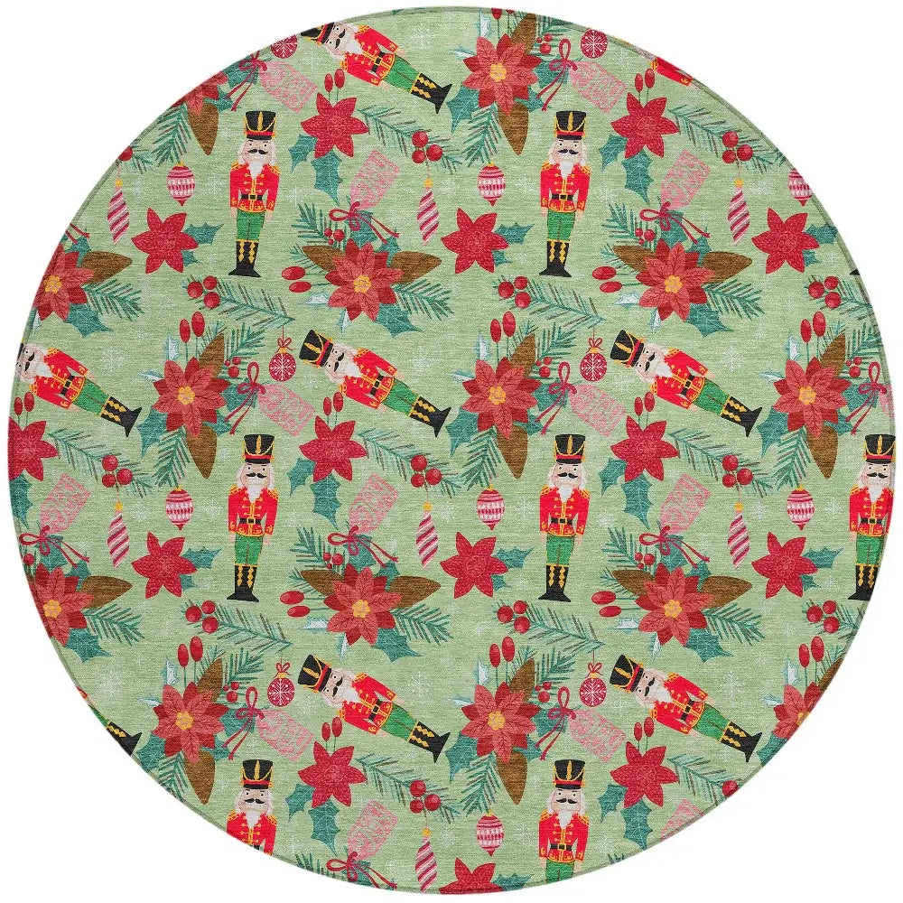 8' Artichoke Green Red Black Pink And Brown Round Floral Washable Indoor Outdoor Area Rug - Homeroots - Flyclothing LLC