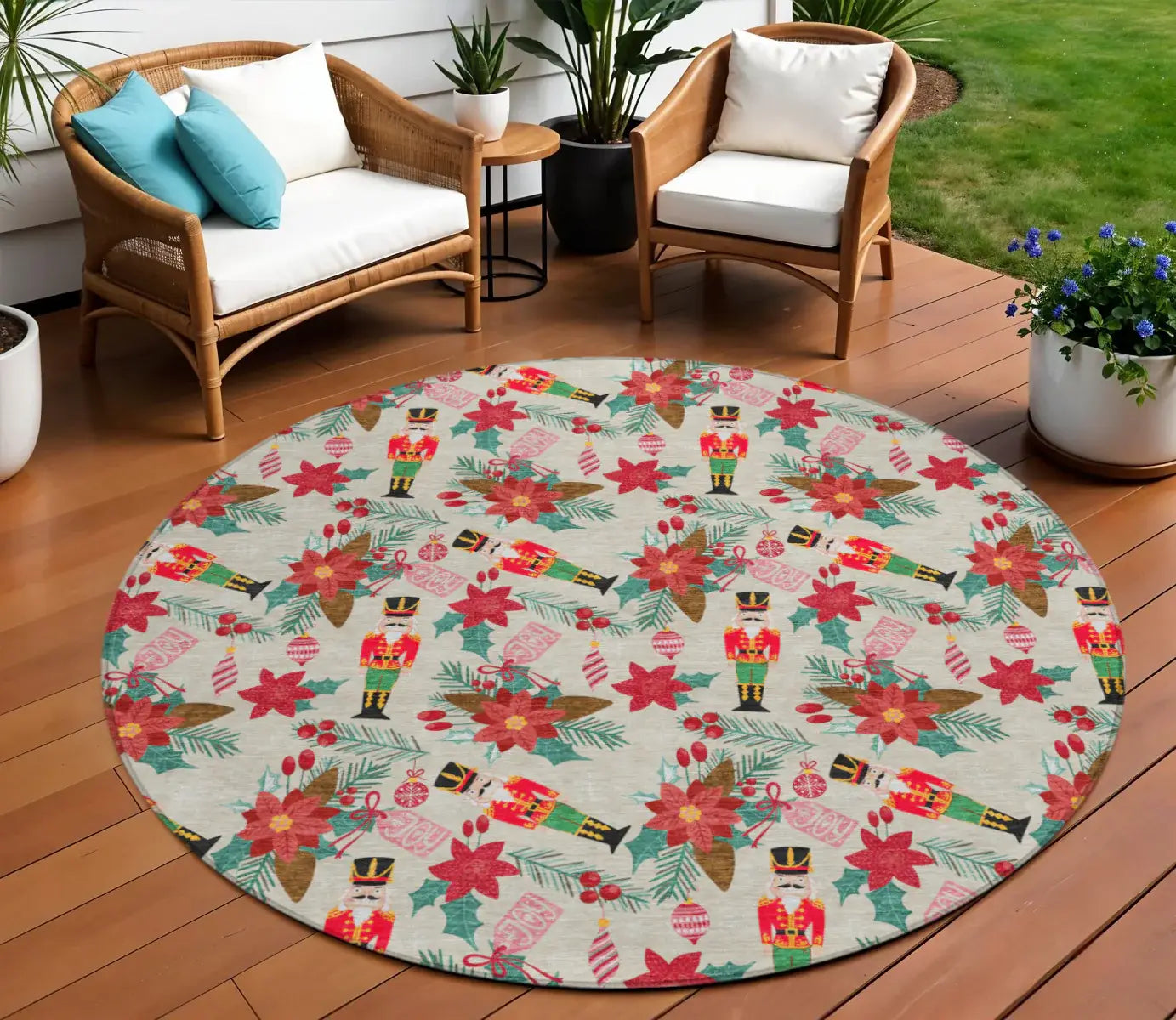8' Beige Red Black Pink And Brown Round Floral Washable Indoor Outdoor Area Rug - Homeroots - Flyclothing LLC