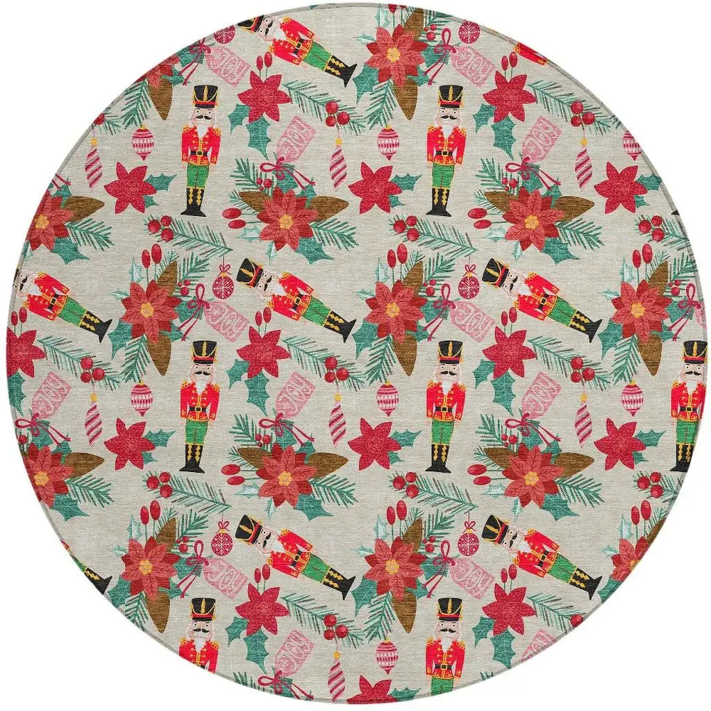 8' Beige Red Black Pink And Brown Round Floral Washable Indoor Outdoor Area Rug - Homeroots - Flyclothing LLC