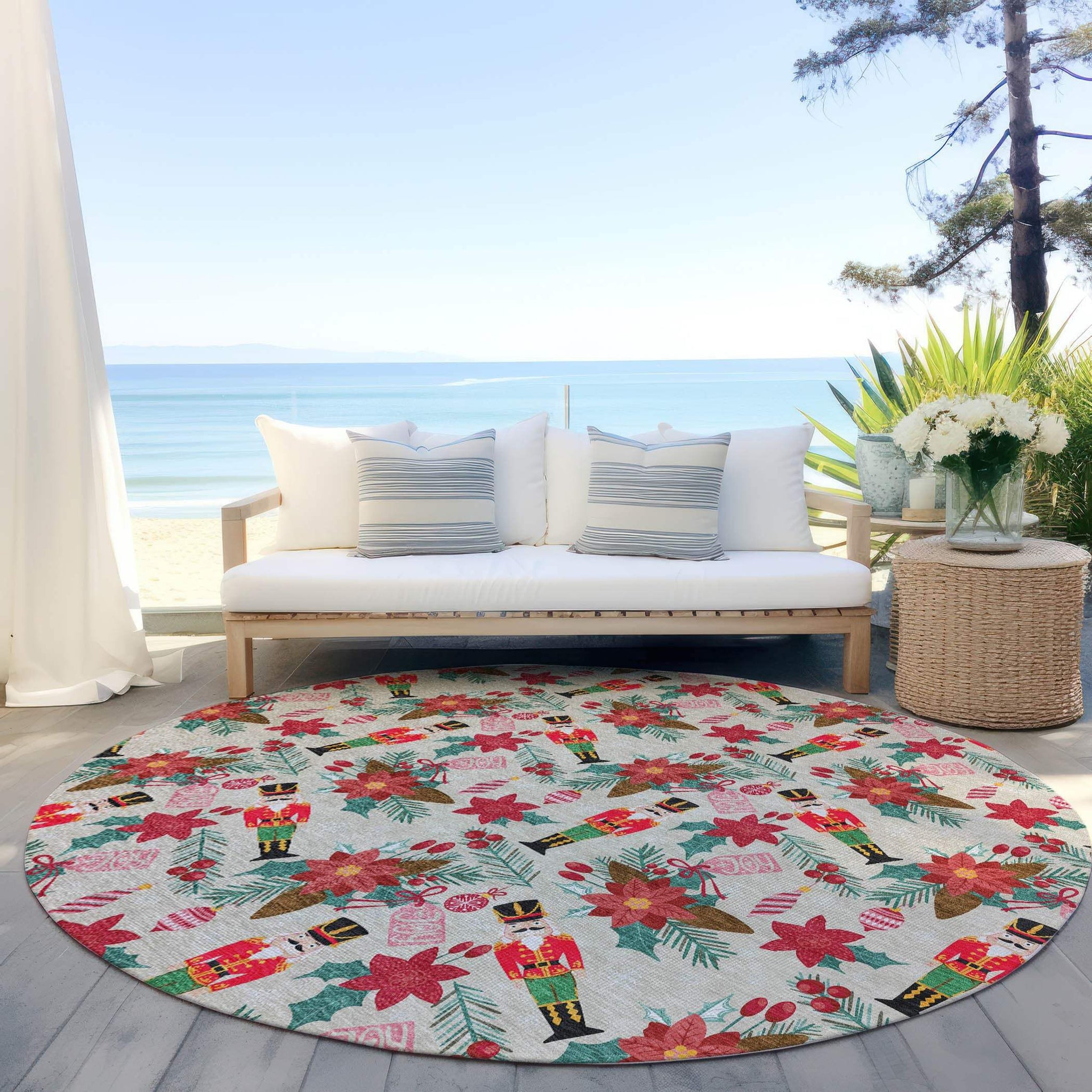8' Beige Red Black Pink And Brown Round Floral Washable Indoor Outdoor Area Rug - Homeroots - Flyclothing LLC