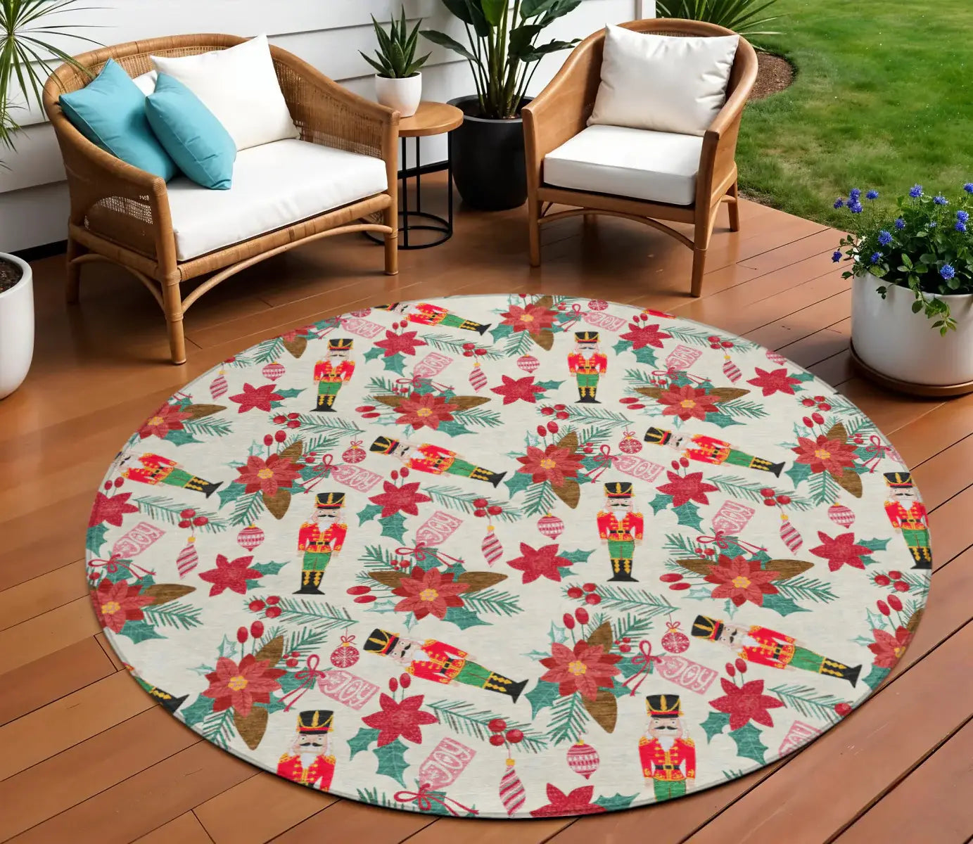 8' Ivory Red Black Pink And Brown Round Floral Washable Indoor Outdoor Area Rug - Homeroots - Flyclothing LLC