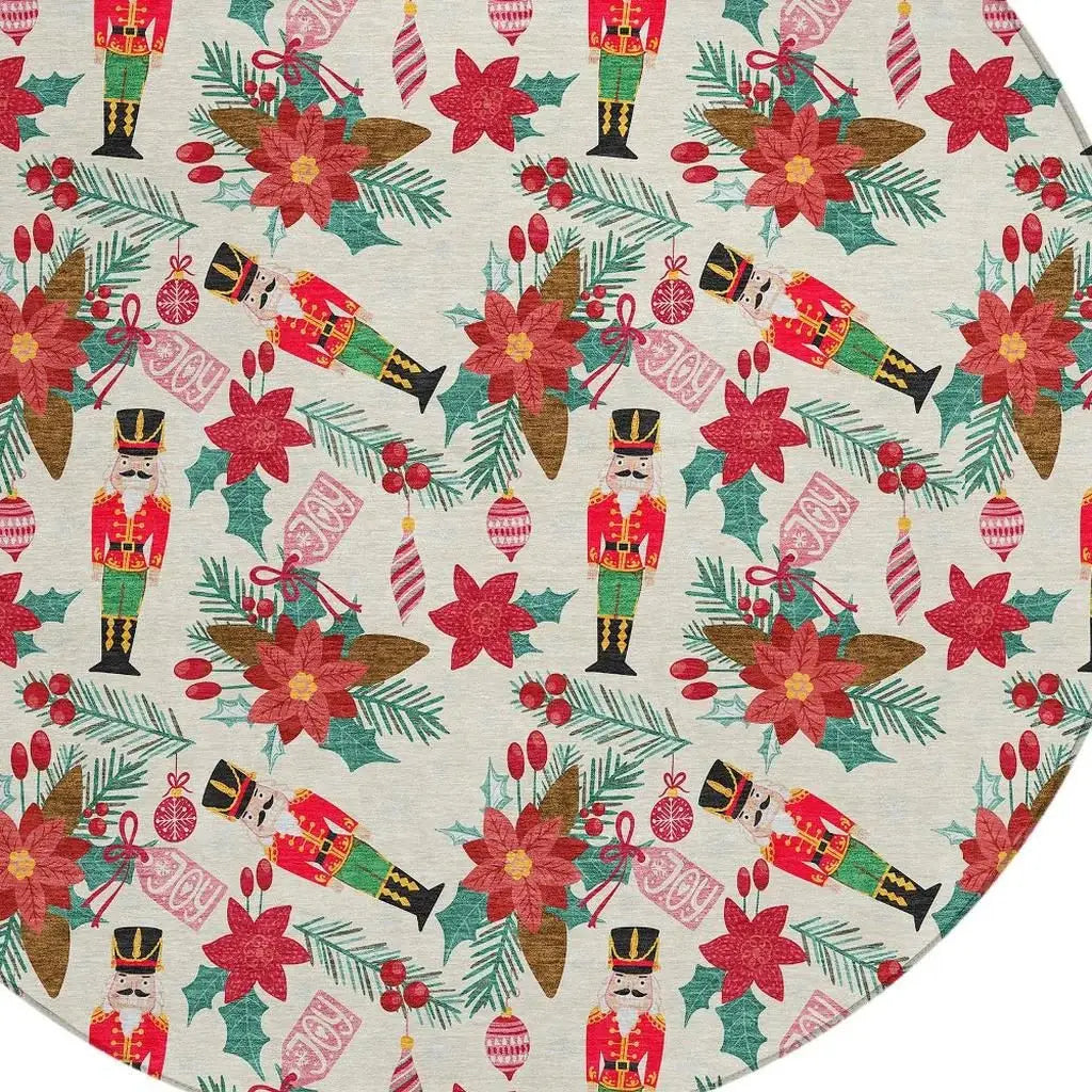 8' Ivory Red Black Pink And Brown Round Floral Washable Indoor Outdoor Area Rug - Homeroots - Flyclothing LLC