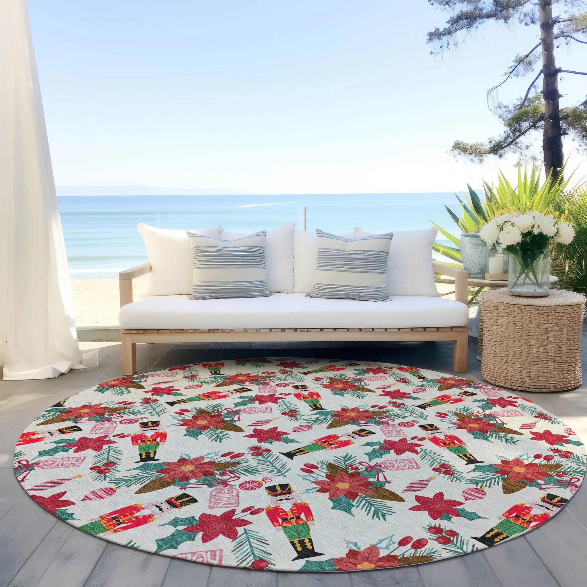 8' Ivory Red Black Pink And Brown Round Floral Washable Indoor Outdoor Area Rug - Homeroots - Flyclothing LLC