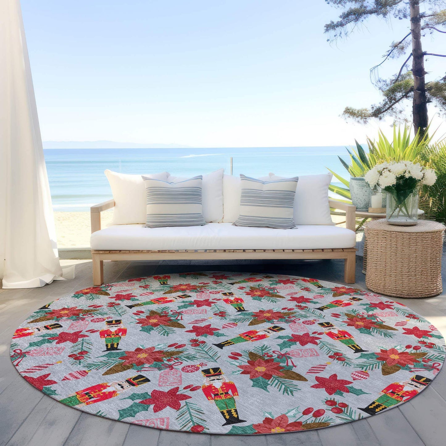 8' Silver Red Black Pink And Brown Round Floral Washable Indoor Outdoor Area Rug - Homeroots - Flyclothing LLC