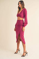 MABLE Front Twisted Knit Top and Midi Skirt Set - Trendsi - Flyclothing LLC