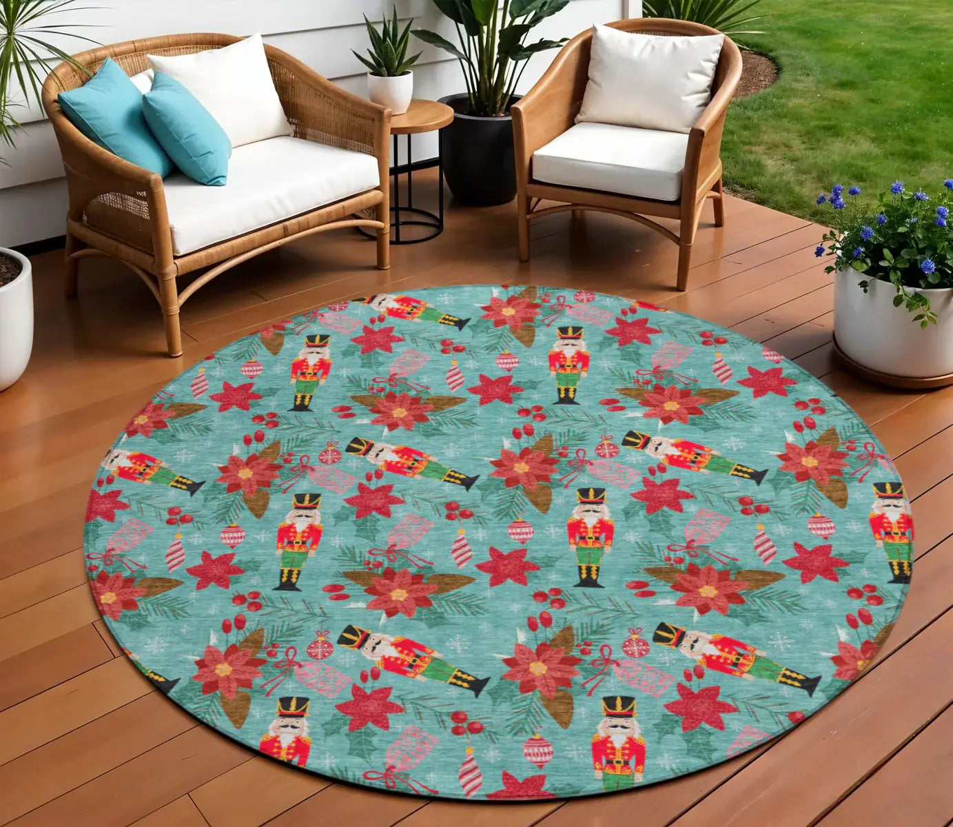 8' Teal Blue Red Black Pink And Brown Round Floral Washable Indoor Outdoor Area Rug - Homeroots - Flyclothing LLC