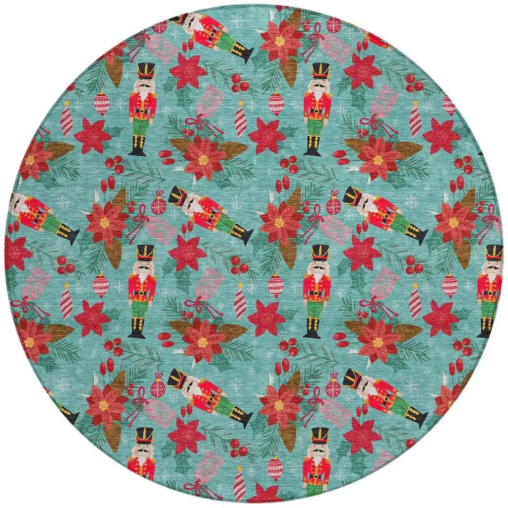 8' Teal Blue Red Black Pink And Brown Round Floral Washable Indoor Outdoor Area Rug - Homeroots - Flyclothing LLC