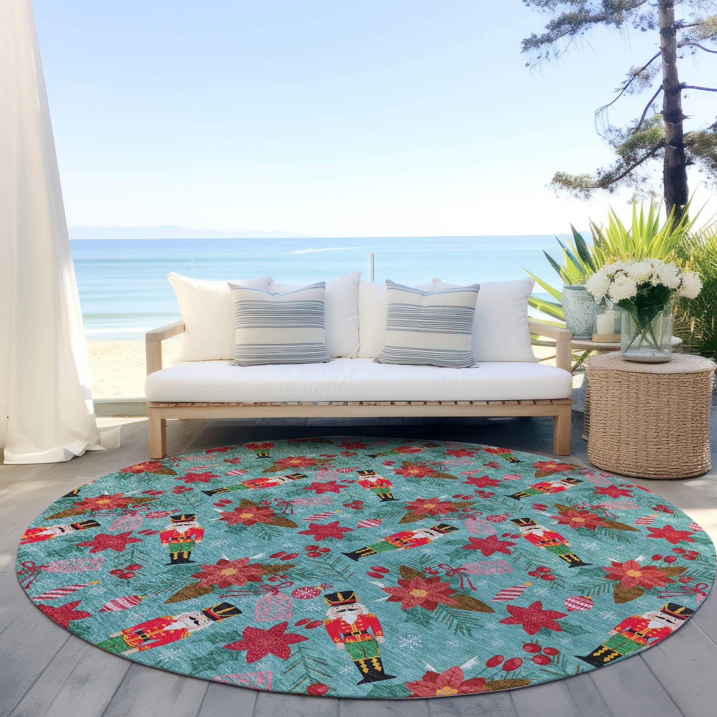 8' Teal Blue Red Black Pink And Brown Round Floral Washable Indoor Outdoor Area Rug - Homeroots - Flyclothing LLC