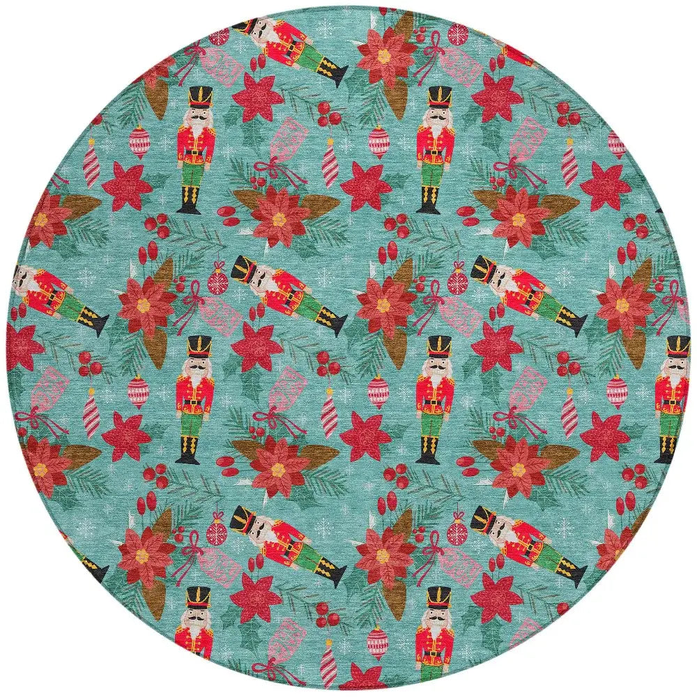 8' Teal Blue Red Black Pink And Brown Round Floral Washable Indoor Outdoor Area Rug - Homeroots - Flyclothing LLC