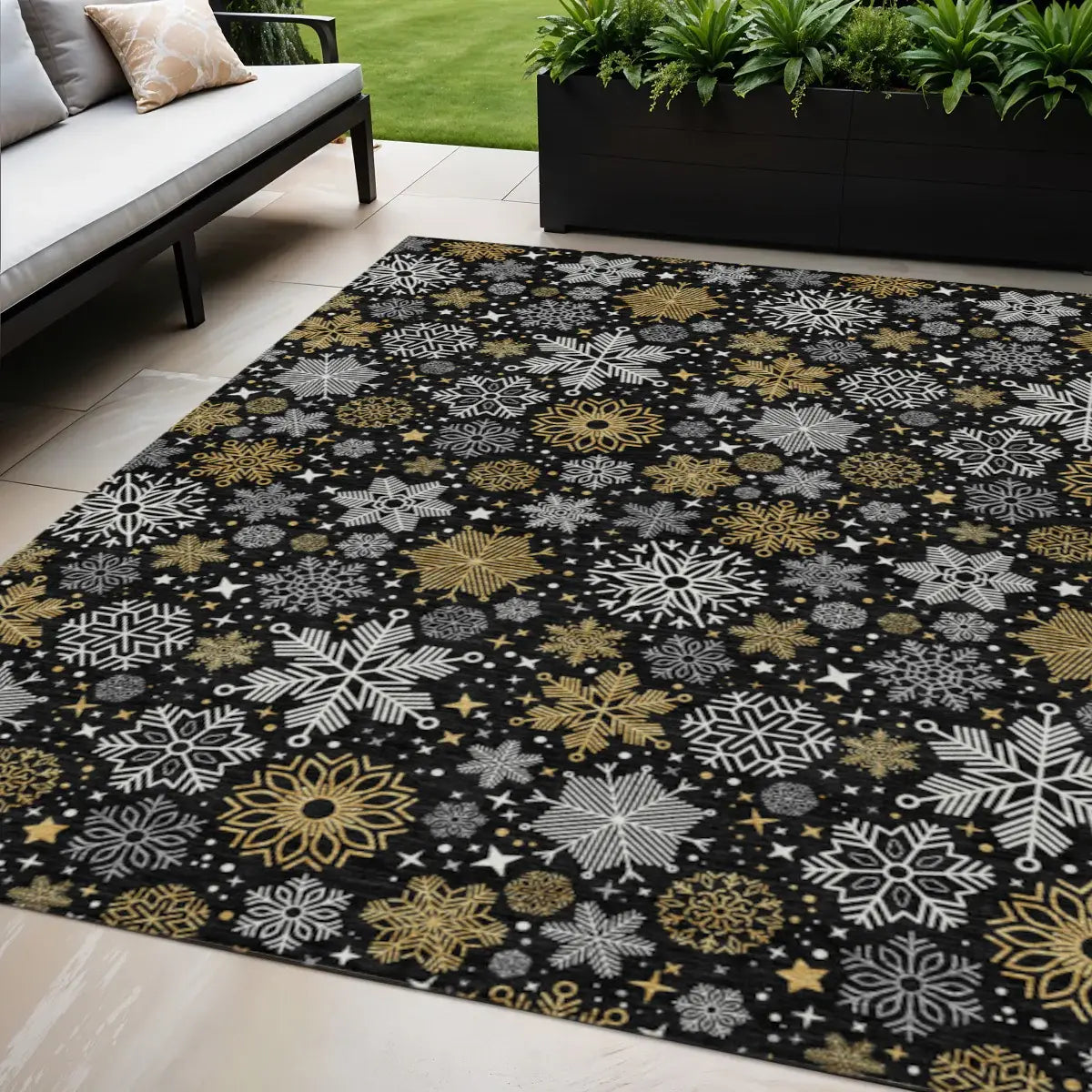 5' X 8' Black Gold And Gray Snowflake Washable Indoor Outdoor Area Rug - Homeroots - Flyclothing LLC