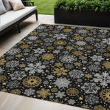 5' X 8' Black Gold And Gray Snowflake Washable Indoor Outdoor Area Rug - Homeroots - Flyclothing LLC