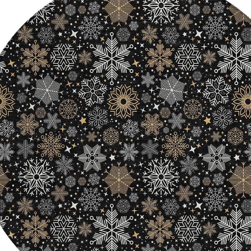 8' Black Gold And Gray Round Snowflake Washable Indoor Outdoor Area Rug - Homeroots - Flyclothing LLC