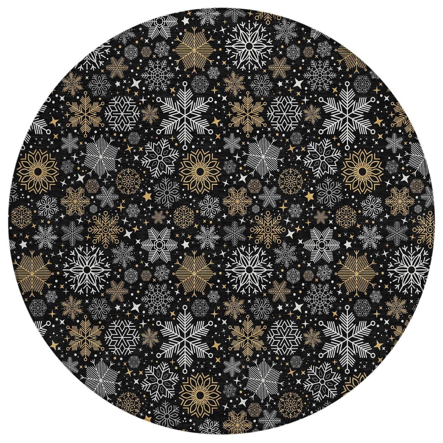 8' Black Gold And Gray Round Snowflake Washable Indoor Outdoor Area Rug - Homeroots - Flyclothing LLC