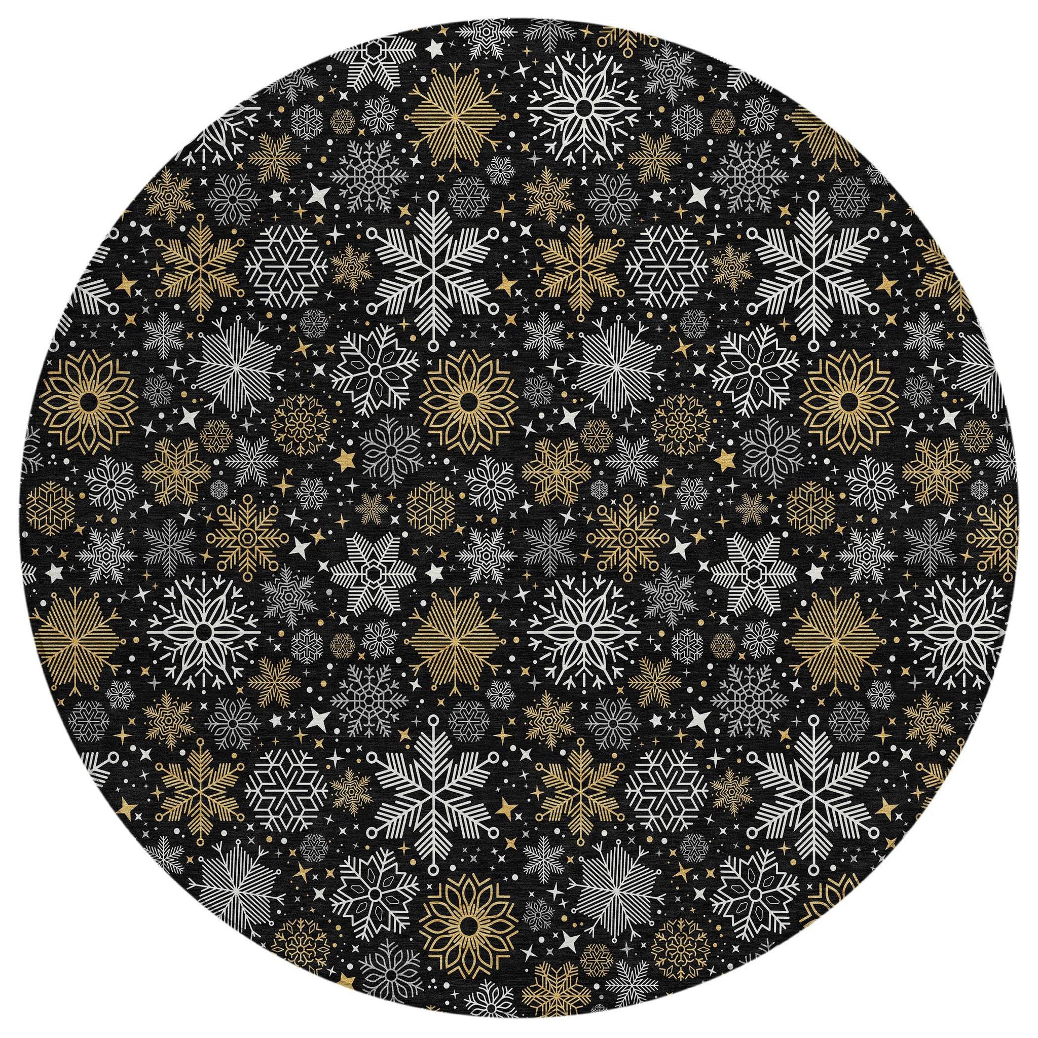 8' Black Gold And Gray Round Snowflake Washable Indoor Outdoor Area Rug - Homeroots - Flyclothing LLC
