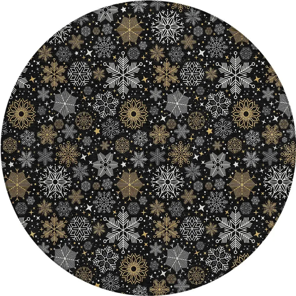 8' Black Gold And Gray Round Snowflake Washable Indoor Outdoor Area Rug - Homeroots - Flyclothing LLC