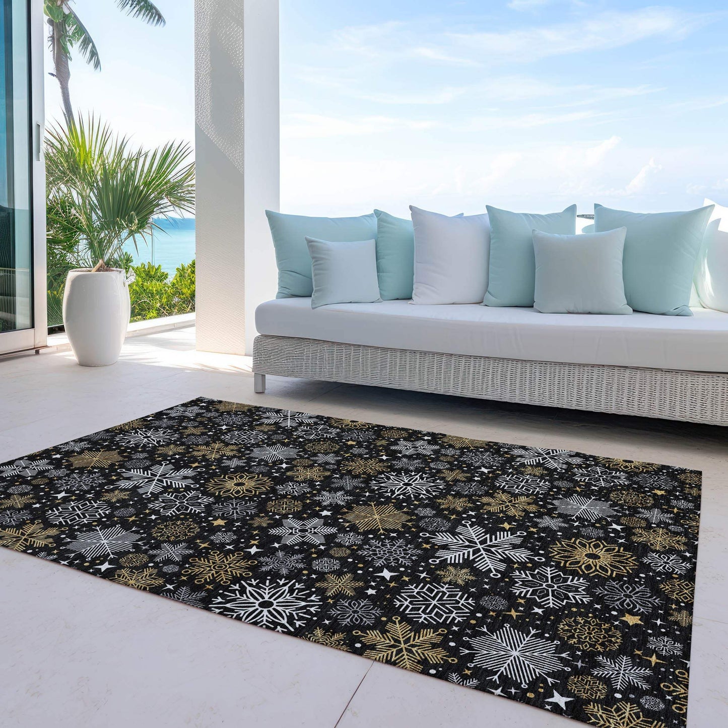 8' X 10' Black Gold And Gray Snowflake Washable Indoor Outdoor Area Rug - Homeroots - Flyclothing LLC