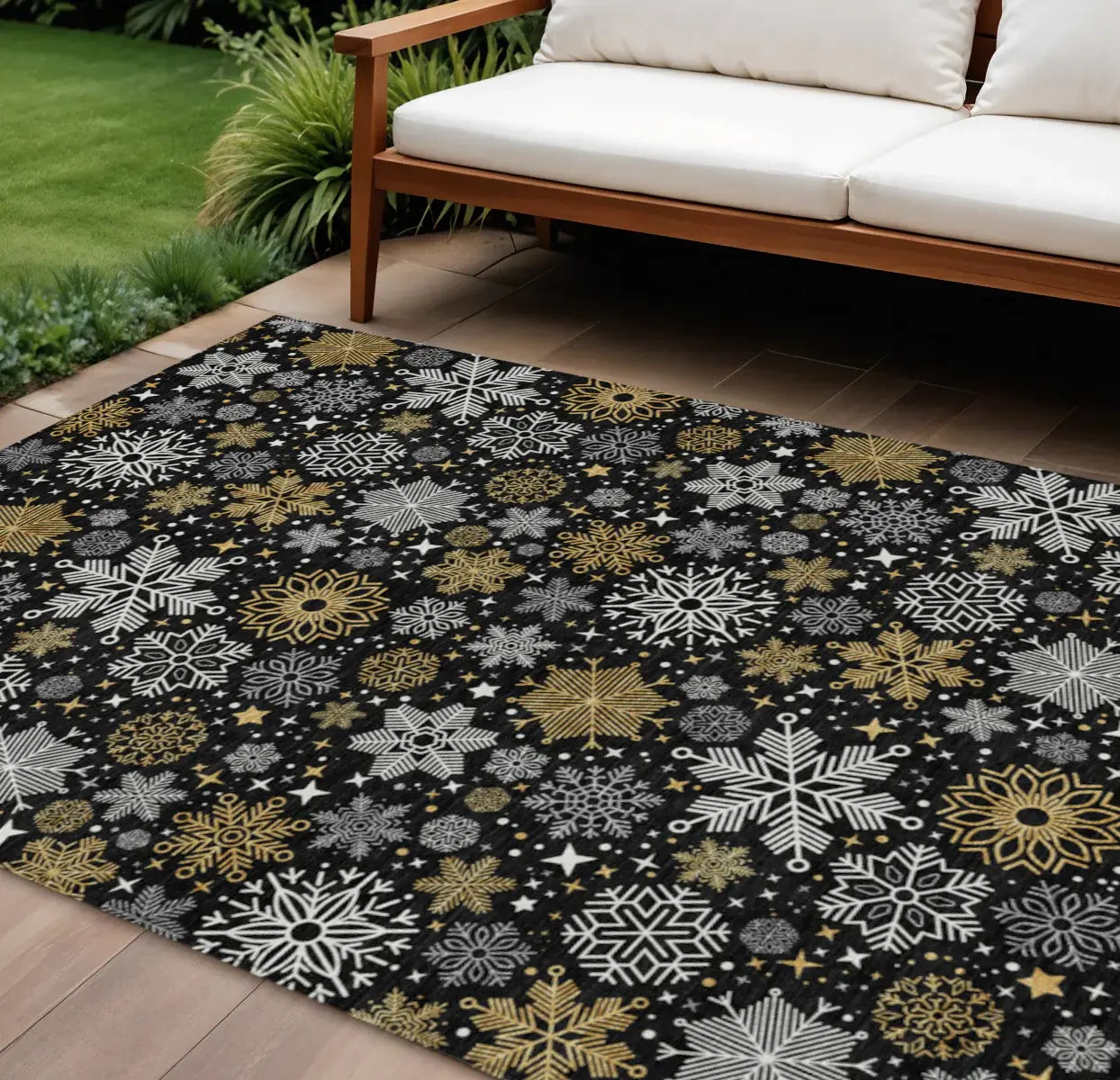 9' X 12' Black Gold And Gray Snowflake Washable Indoor Outdoor Area Rug - Homeroots - Flyclothing LLC