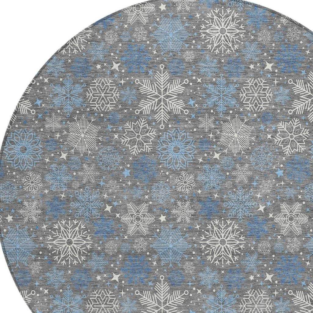 8' Gray Blue And Ivory Round Snowflake Washable Indoor Outdoor Area Rug - Homeroots - Flyclothing LLC