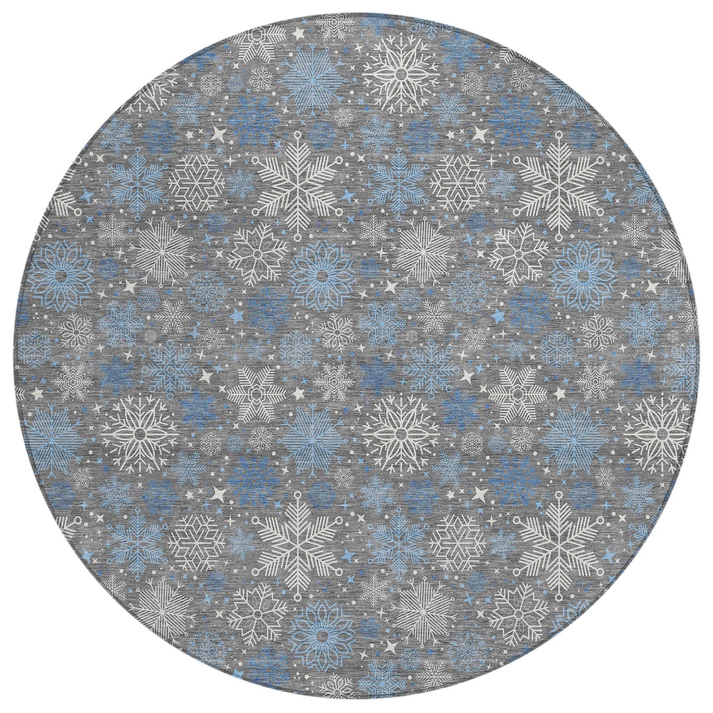 8' Gray Blue And Ivory Round Snowflake Washable Indoor Outdoor Area Rug - Homeroots - Flyclothing LLC