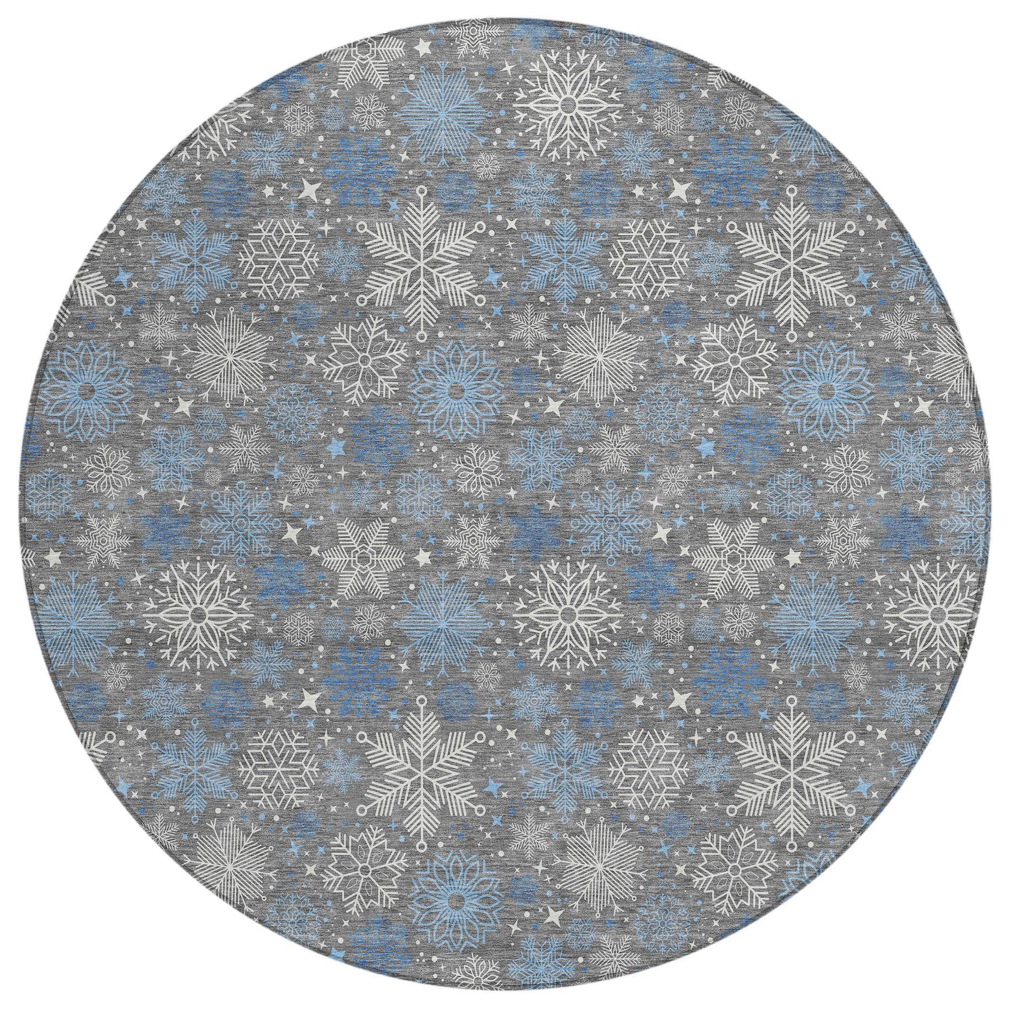 8' Gray Blue And Ivory Round Snowflake Washable Indoor Outdoor Area Rug - Homeroots - Flyclothing LLC