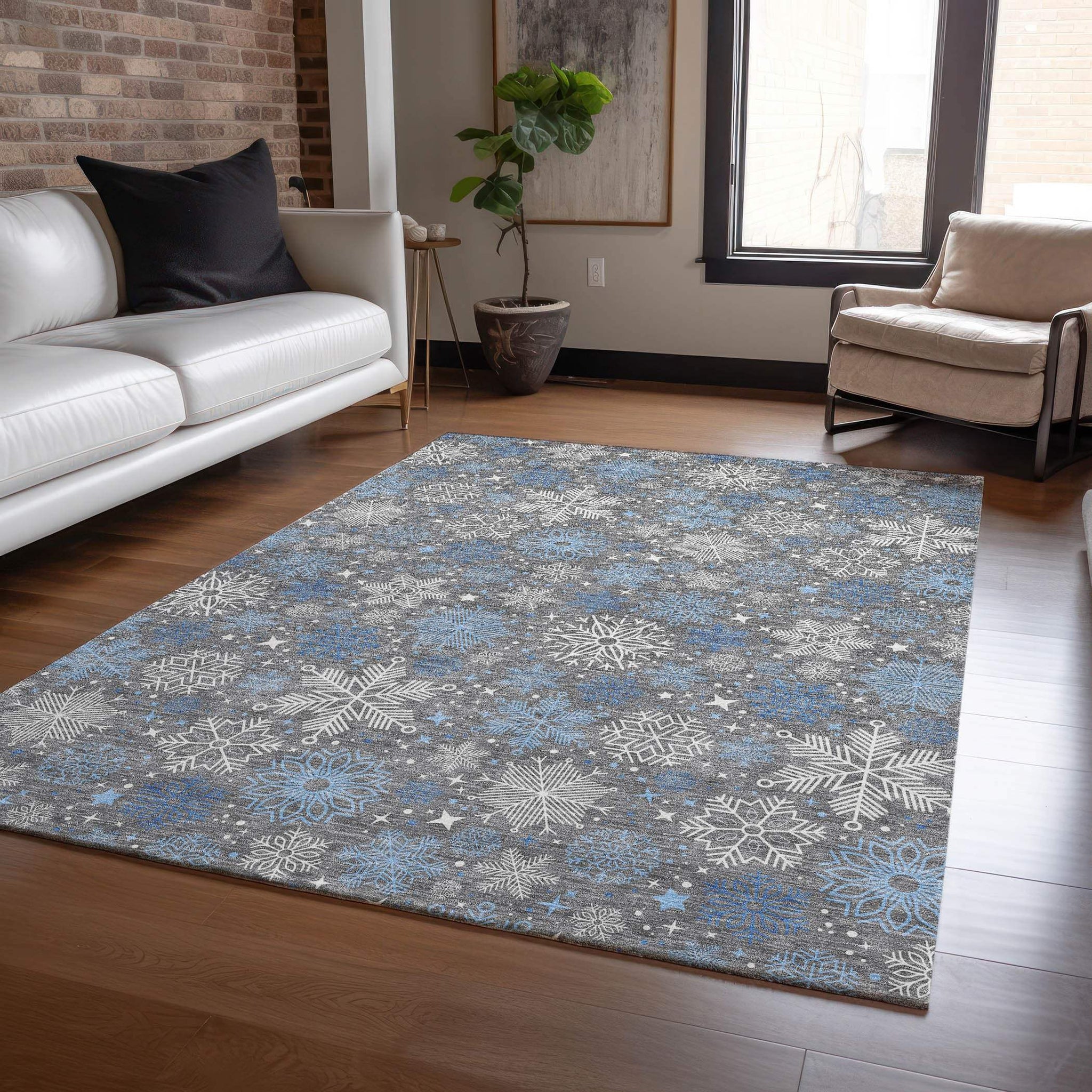 9' X 12' Gray Blue And Ivory Snowflake Washable Indoor Outdoor Area Rug - Homeroots - Flyclothing LLC