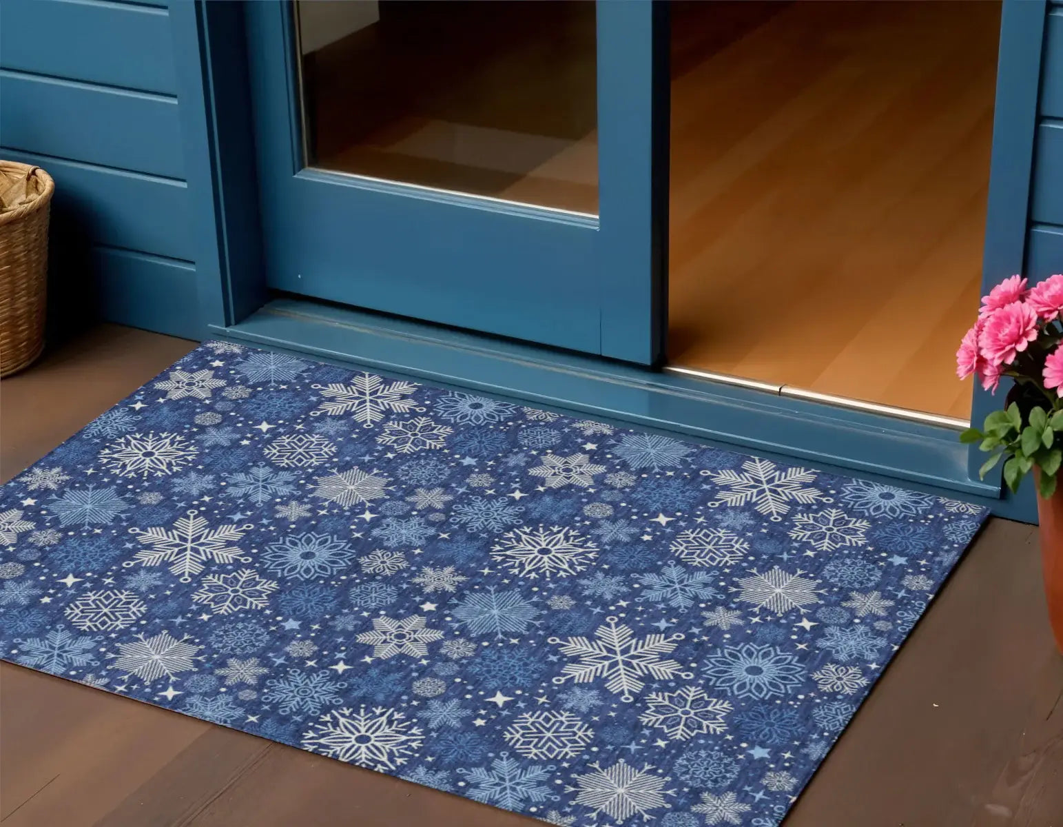 3' X 5' Navy Blue Ivory And Sky Blue Snowflake Washable Indoor Outdoor Area Rug - Homeroots - Flyclothing LLC