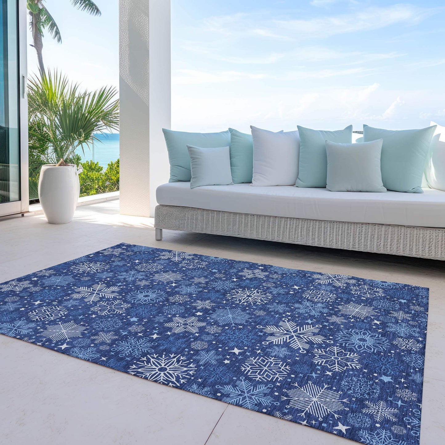 3' X 5' Navy Blue Ivory And Sky Blue Snowflake Washable Indoor Outdoor Area Rug - Homeroots - Flyclothing LLC