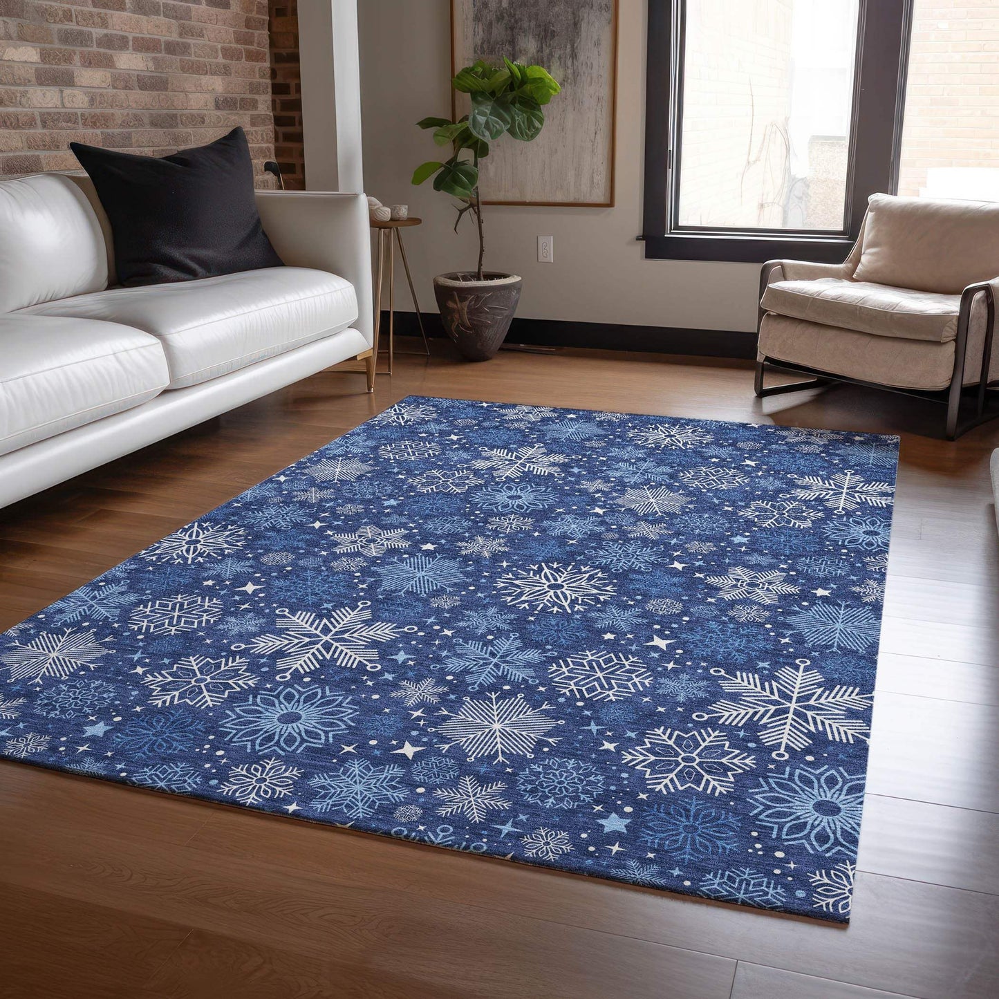 5' X 8' Navy Blue Ivory And Sky Blue Snowflake Washable Indoor Outdoor Area Rug - Homeroots - Flyclothing LLC