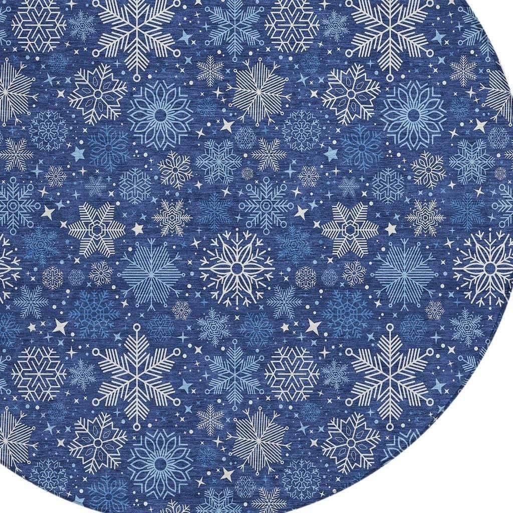 8' Navy Blue Ivory And Sky Blue Round Snowflake Washable Indoor Outdoor Area Rug - Homeroots - Flyclothing LLC