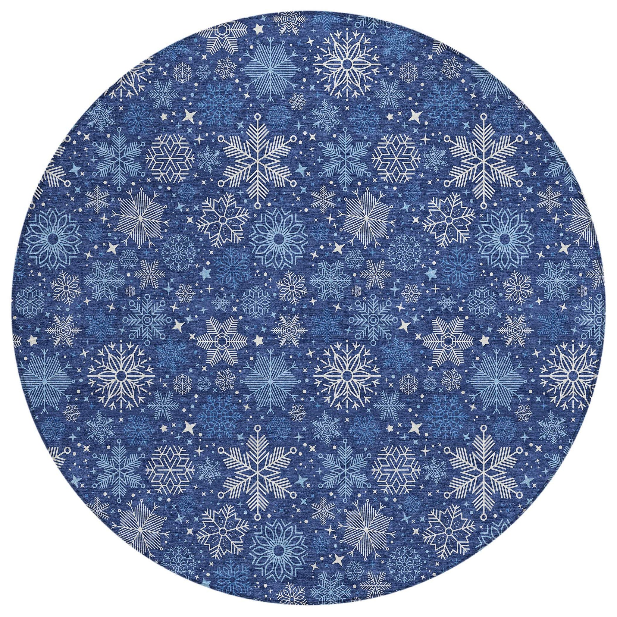 8' Navy Blue Ivory And Sky Blue Round Snowflake Washable Indoor Outdoor Area Rug - Homeroots - Flyclothing LLC