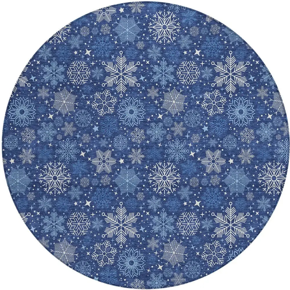 8' Navy Blue Ivory And Sky Blue Round Snowflake Washable Indoor Outdoor Area Rug - Homeroots - Flyclothing LLC