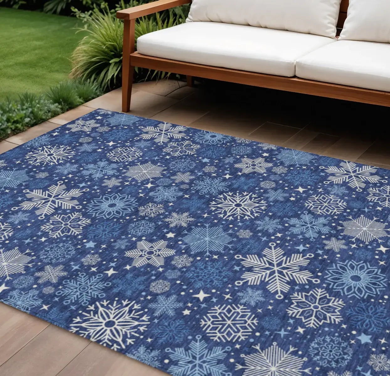 9' X 12' Navy Blue Ivory And Sky Blue Snowflake Washable Indoor Outdoor Area Rug - Homeroots - Flyclothing LLC