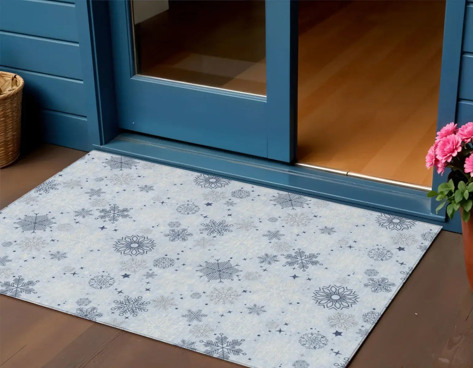 3' X 5' Sky Blue Navy Blue And Ivory Snowflake Washable Indoor Outdoor Area Rug - Homeroots - Flyclothing LLC