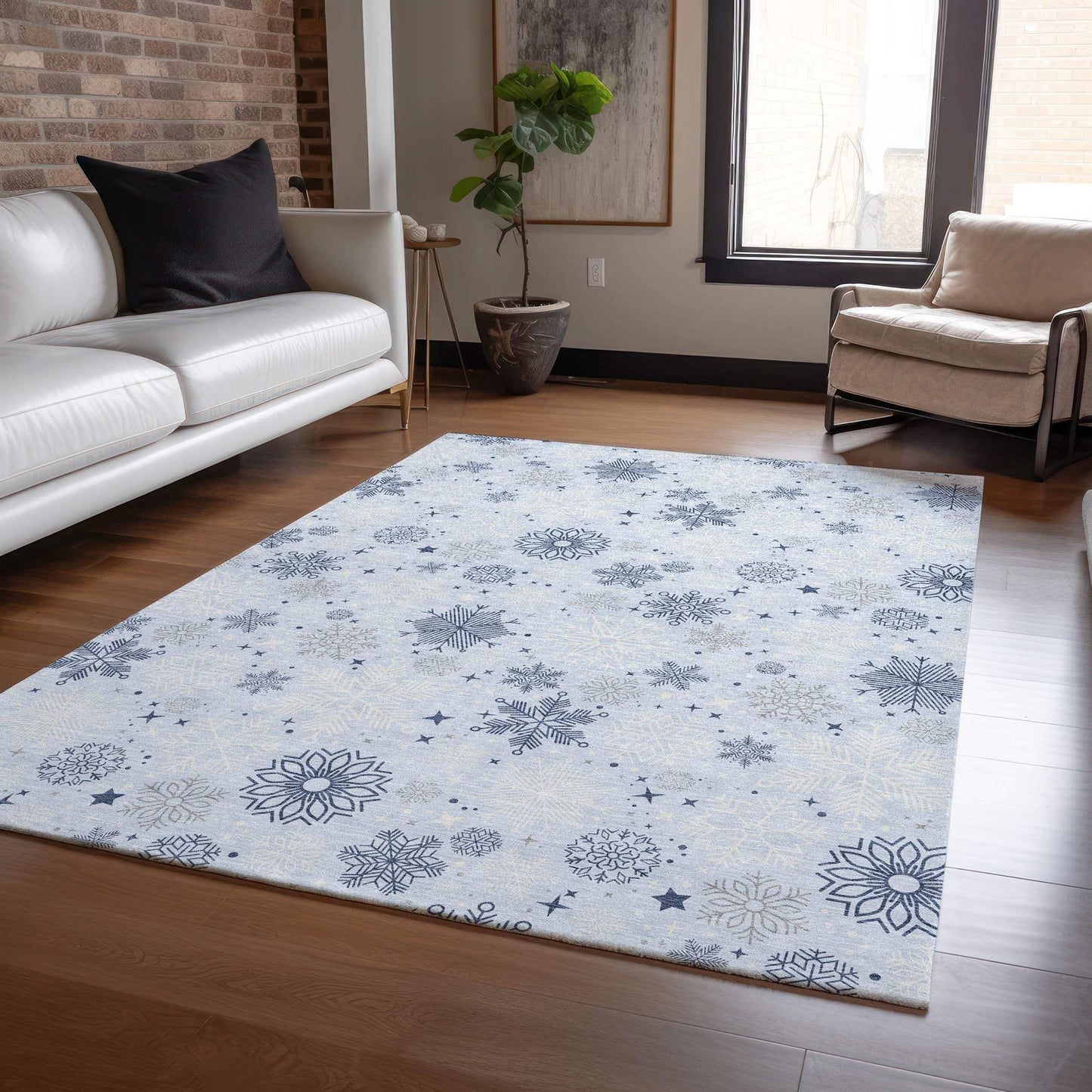 5' X 8' Sky Blue Navy Blue And Ivory Snowflake Washable Indoor Outdoor Area Rug - Homeroots - Flyclothing LLC
