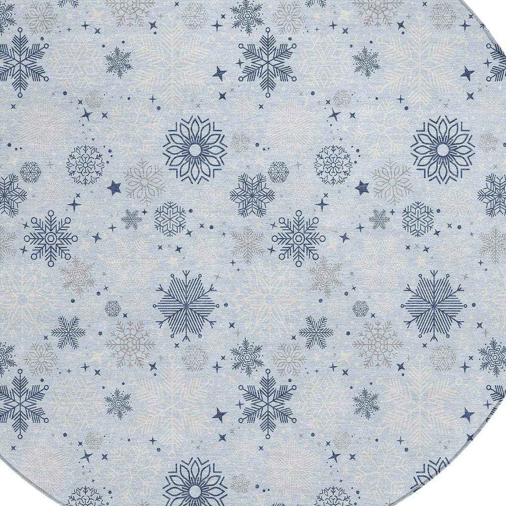 8' Sky Blue Navy Blue And Ivory Round Snowflake Washable Indoor Outdoor Area Rug - Homeroots - Flyclothing LLC