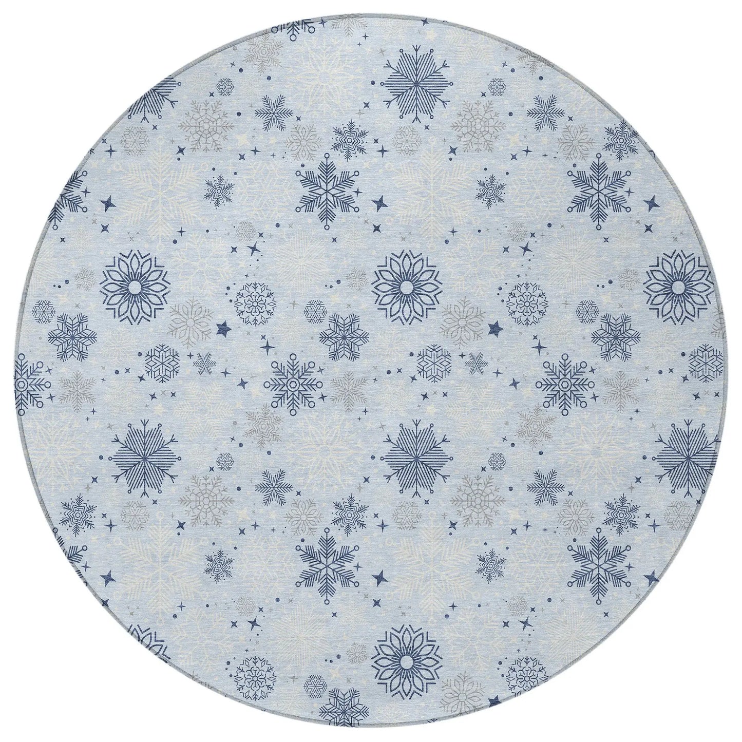 8' Sky Blue Navy Blue And Ivory Round Snowflake Washable Indoor Outdoor Area Rug - Homeroots - Flyclothing LLC