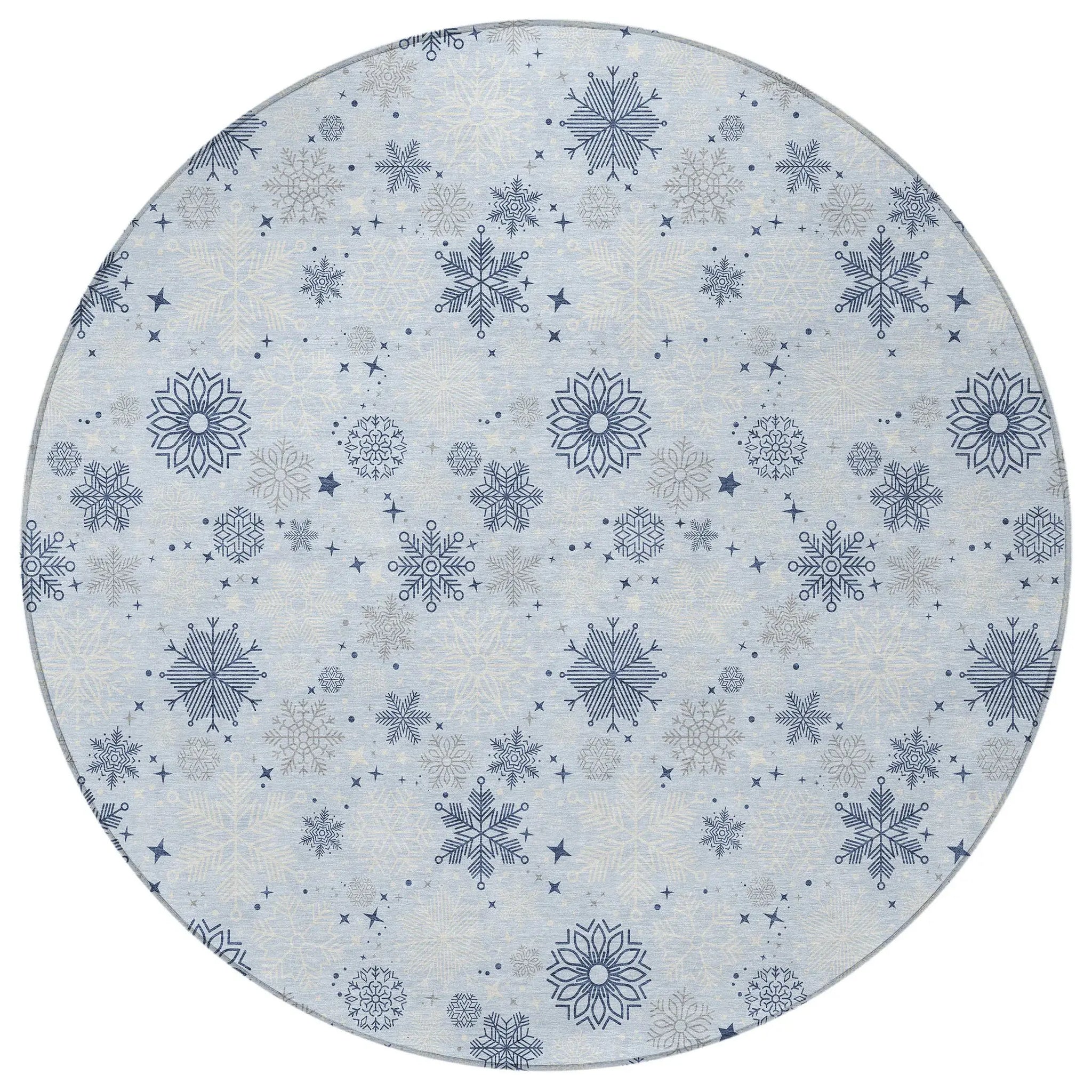 8' Sky Blue Navy Blue And Ivory Round Snowflake Washable Indoor Outdoor Area Rug - Homeroots - Flyclothing LLC