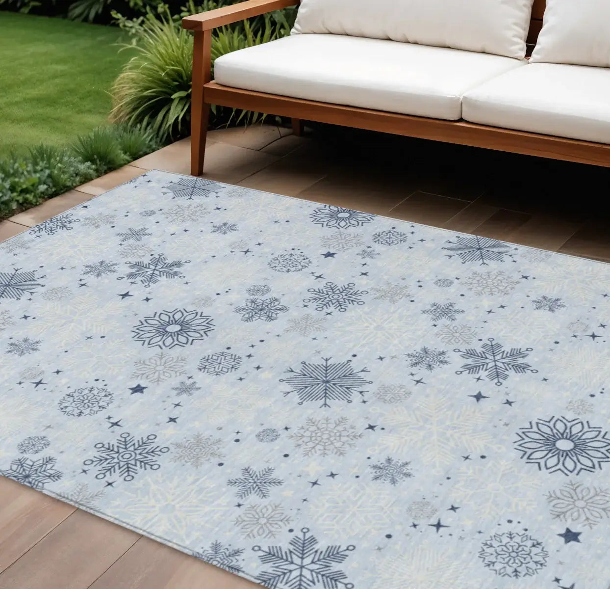 9' X 12' Sky Blue Navy Blue And Ivory Snowflake Washable Indoor Outdoor Area Rug - Homeroots - Flyclothing LLC