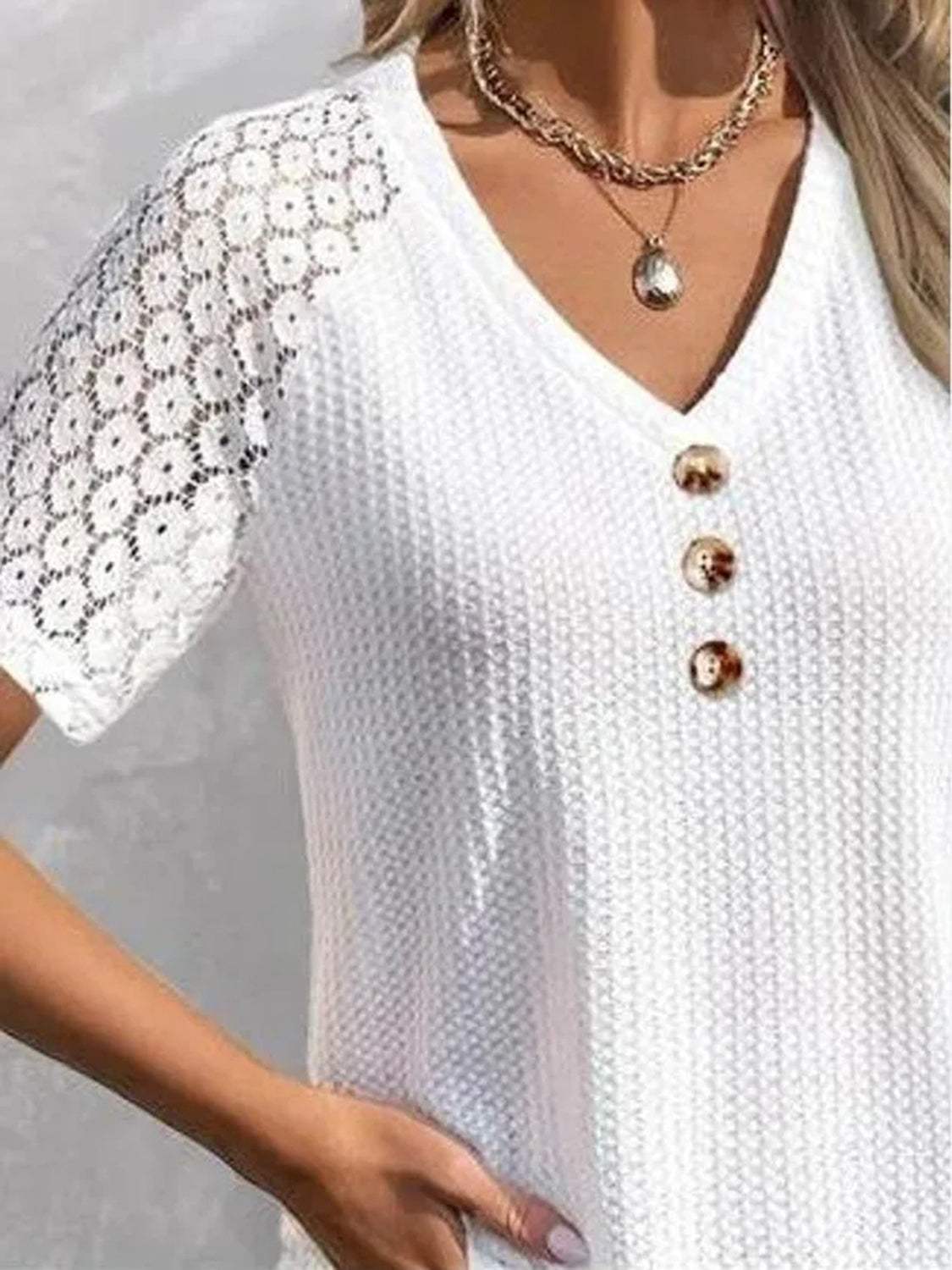 Waffle-Knit V-Neck Short Sleeve Top - Trendsi - Flyclothing LLC