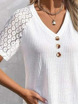 Waffle-Knit V-Neck Short Sleeve Top - Trendsi - Flyclothing LLC