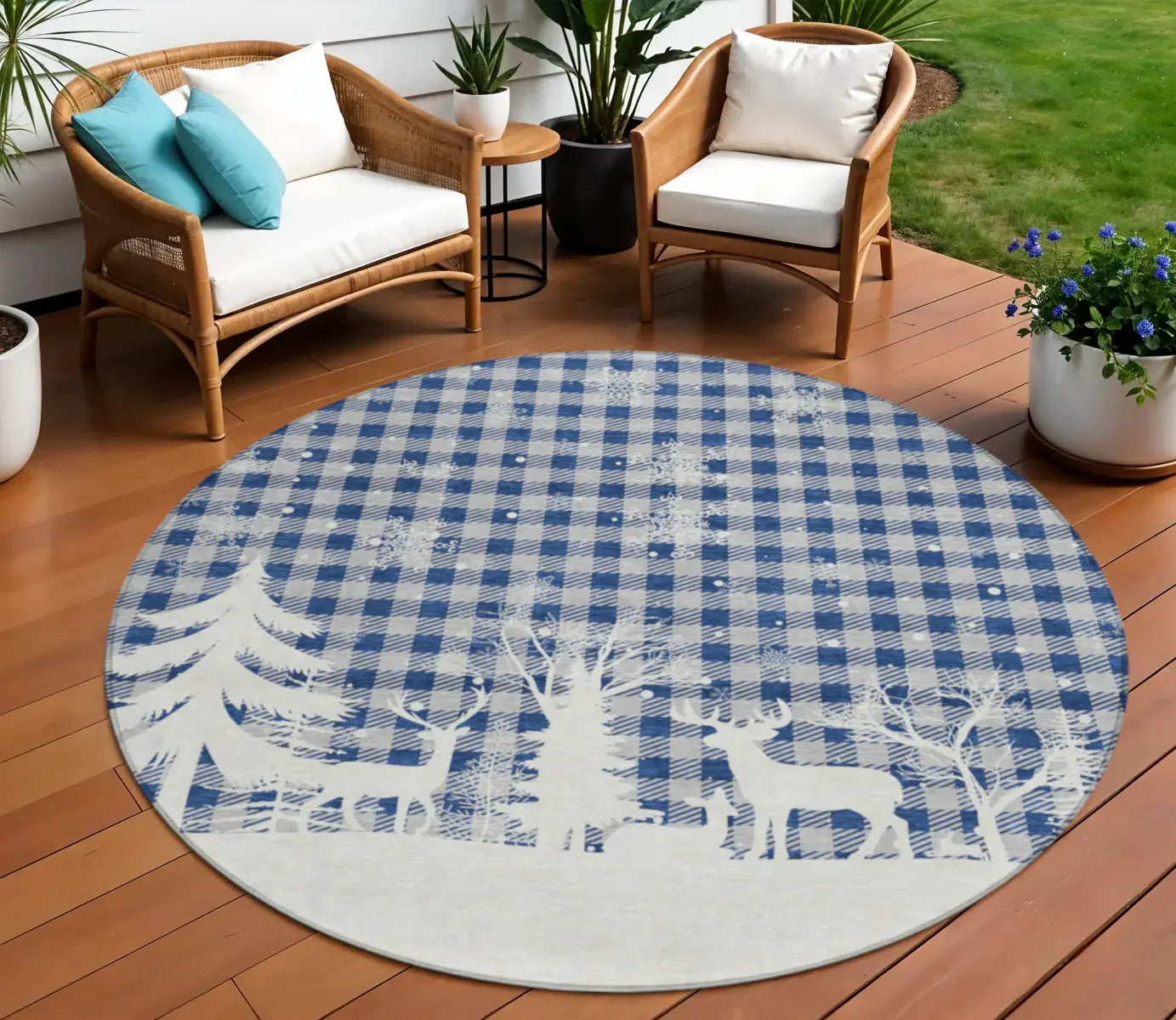 8' Blue Ivory And Gray Round Plaid Washable Indoor Outdoor Area Rug - Homeroots - Flyclothing LLC