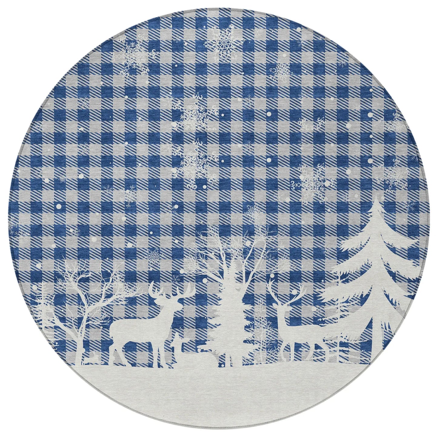 8' Blue Ivory And Gray Round Plaid Washable Indoor Outdoor Area Rug - Homeroots - Flyclothing LLC