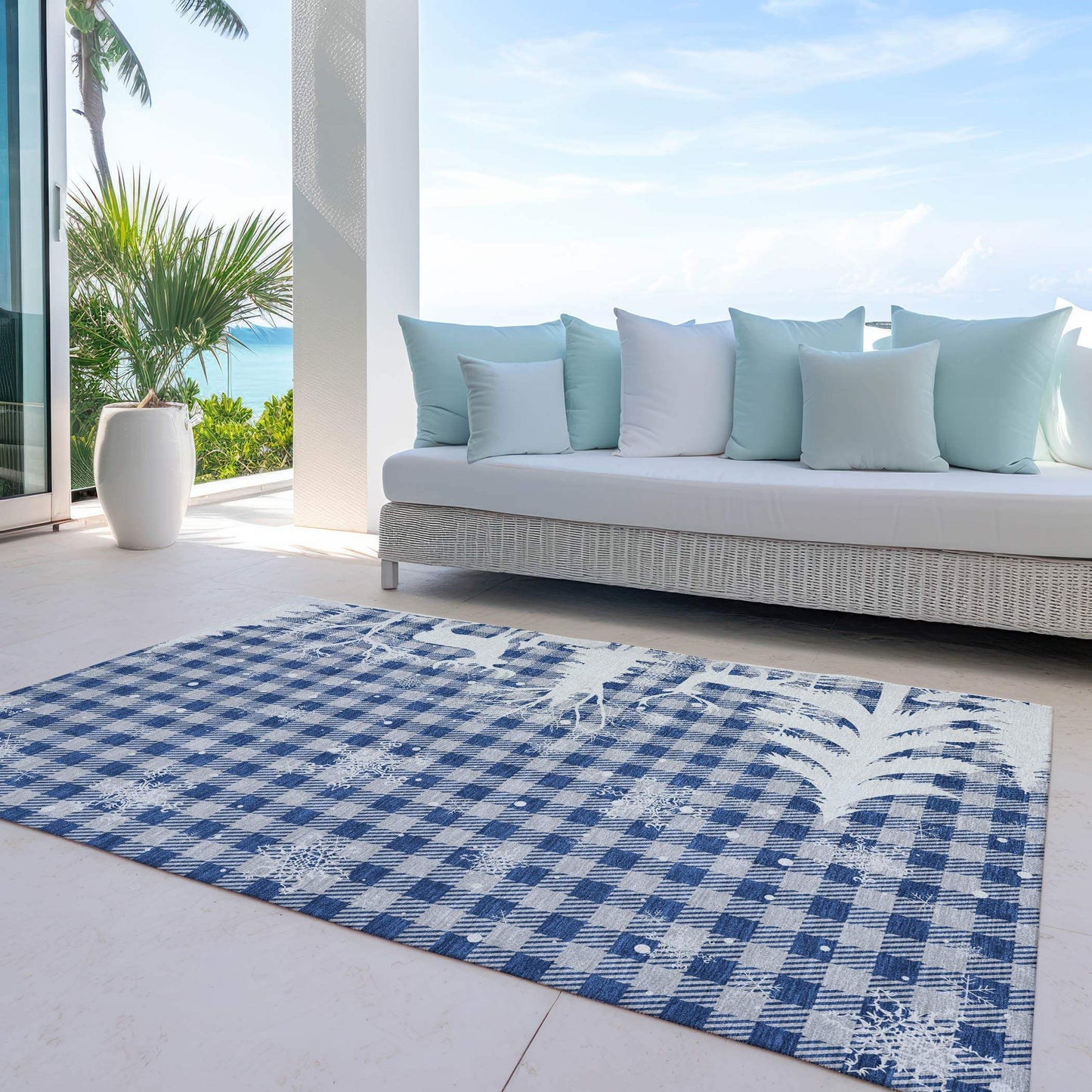 8' X 10' Blue Ivory And Gray Plaid Washable Indoor Outdoor Area Rug - Homeroots - Flyclothing LLC