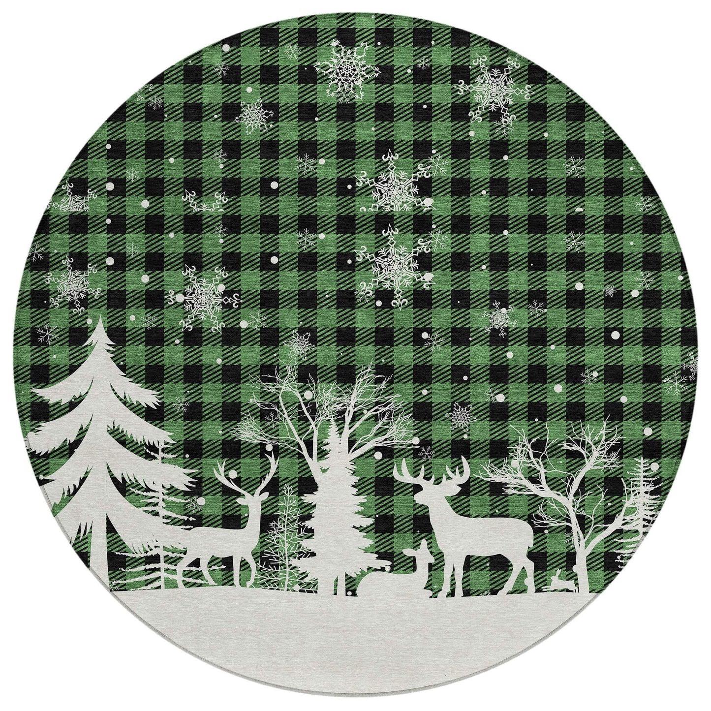 8' Green Black And Ivory Round Plaid Washable Indoor Outdoor Area Rug - Homeroots - Flyclothing LLC