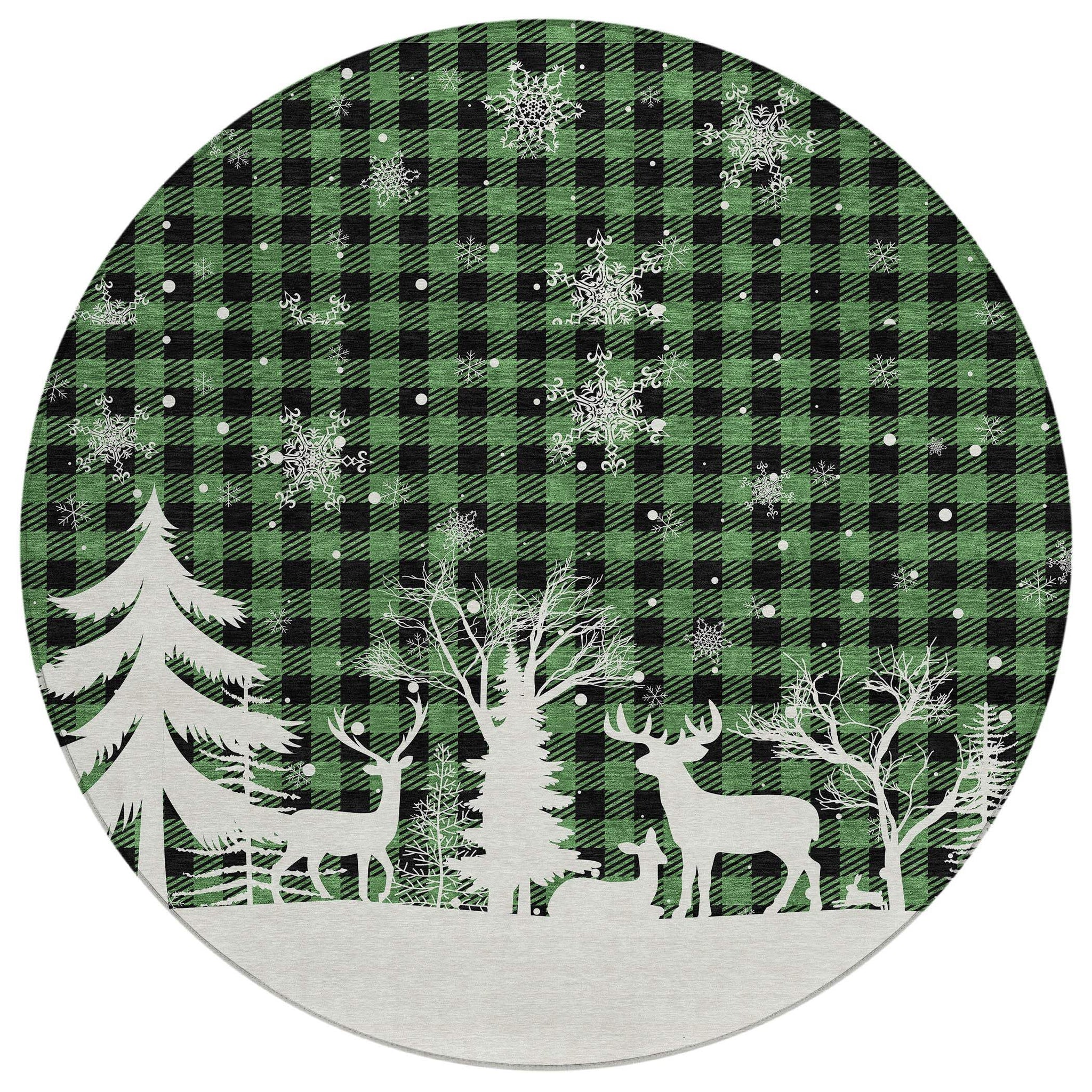 8' Green Black And Ivory Round Plaid Washable Indoor Outdoor Area Rug - Homeroots - Flyclothing LLC