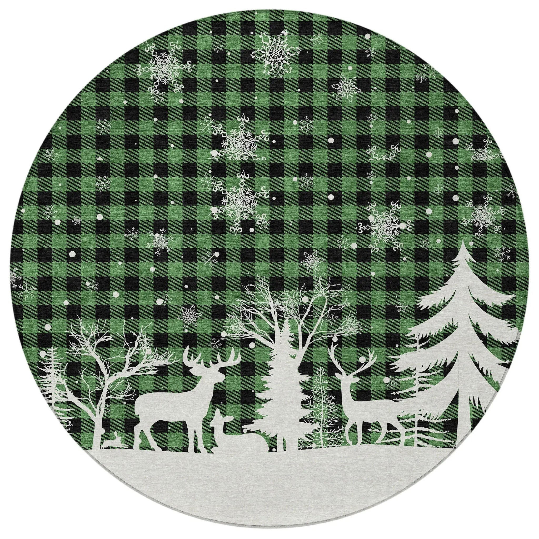 8' Green Black And Ivory Round Plaid Washable Indoor Outdoor Area Rug - Homeroots - Flyclothing LLC