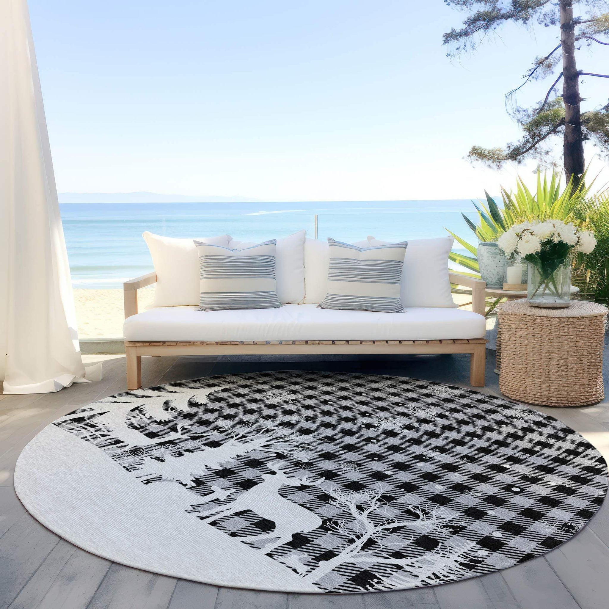 8' Gray Black And Ivory Round Plaid Washable Indoor Outdoor Area Rug - Homeroots - Flyclothing LLC